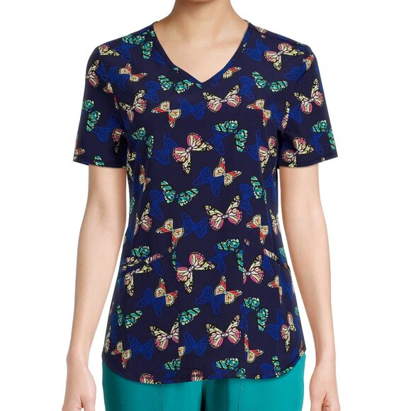 Scrubstar Womens Top Scrub Size M Blue V-neck Butterfly Print Relaxed Fit - Picture 1 of 4